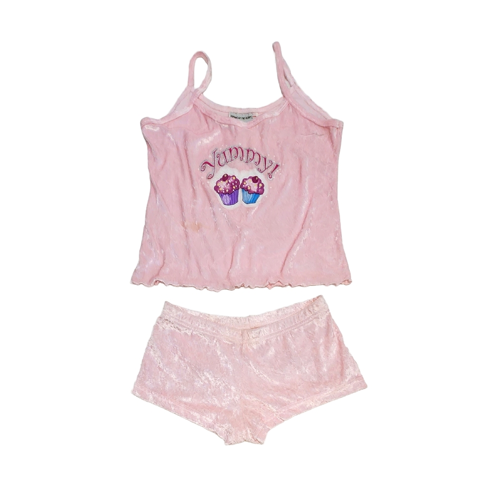 Salmon Pastel Pink Women's Pajama Lounge Shorts Velour Cup Cakes Yummy Set